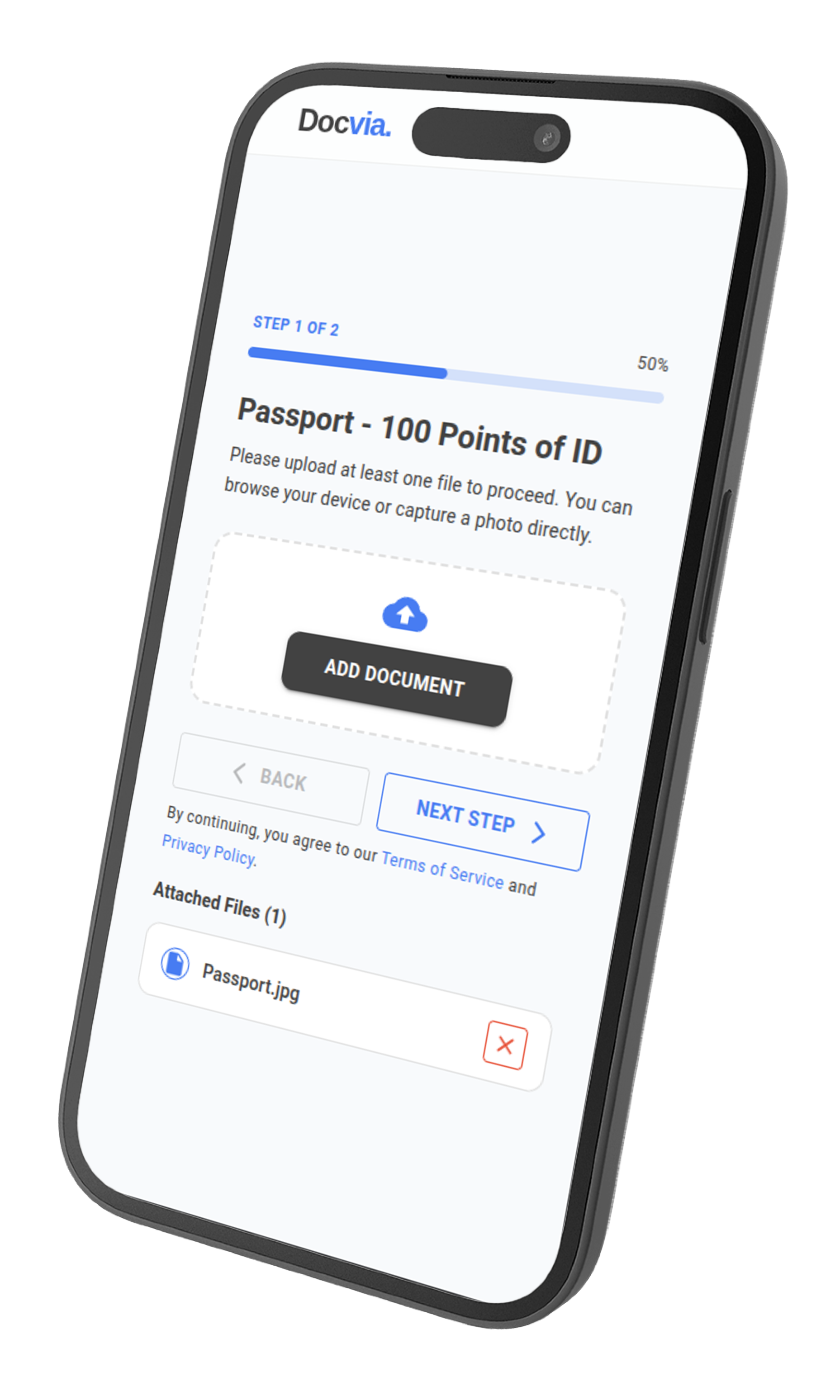 Docvia client mobile view demonstrating effortless ID upload with no account required